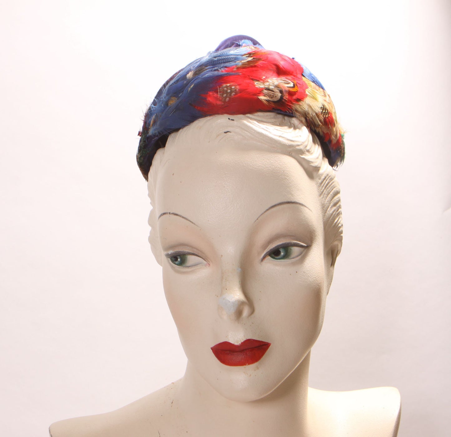 1950s 1960s Multi-Colored Feather Pointed Top Formal Hat by Rivera for Montaldo’s