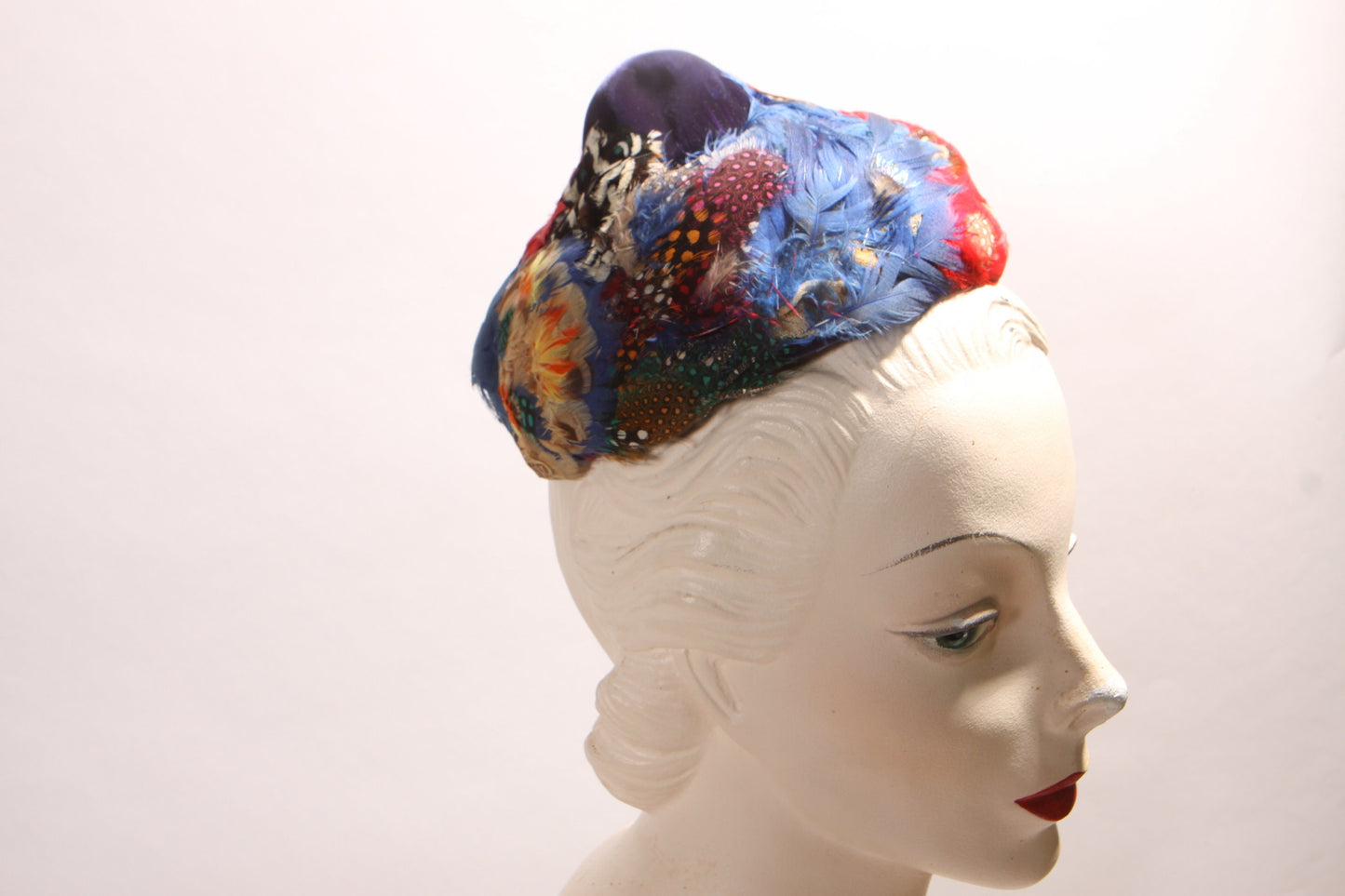 1950s 1960s Multi-Colored Feather Pointed Top Formal Hat by Rivera for Montaldo’s