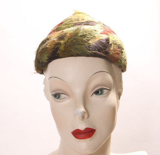 1950s 1960s Multi-Colored Feather and Netted Pointed Top Formal Hat