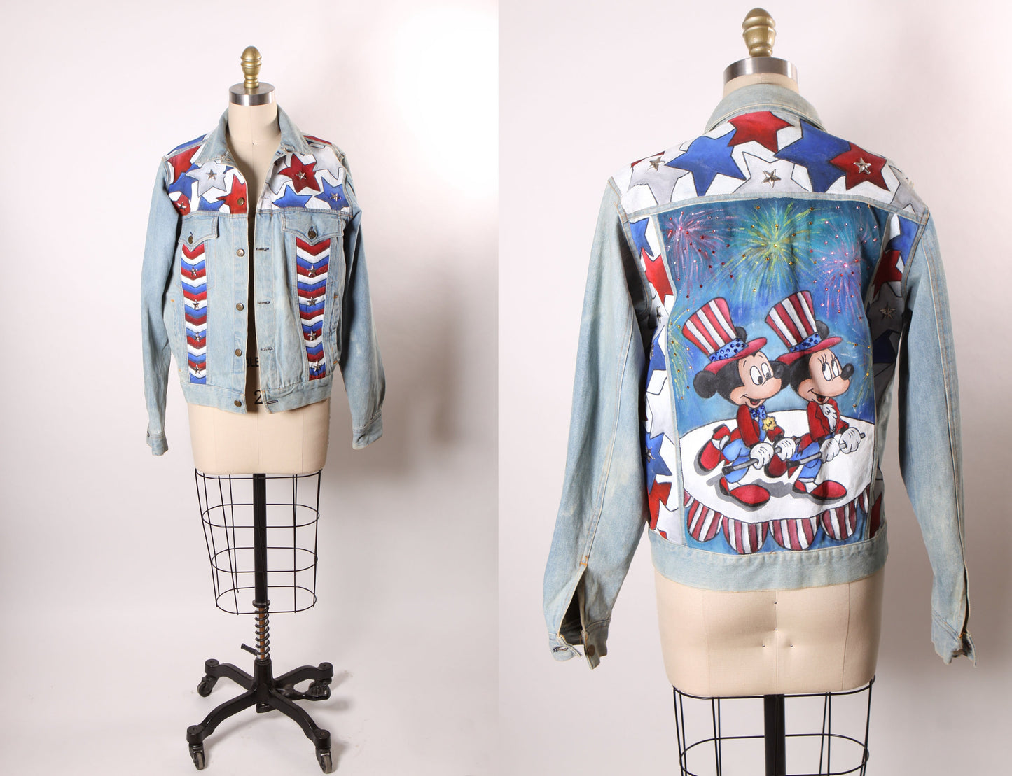 Late 1980s Early 1990s Denim Light Acid Wash Hand Painted 4th of July Novelty Mickey Mouse Minnie Mouse Jacket -XL