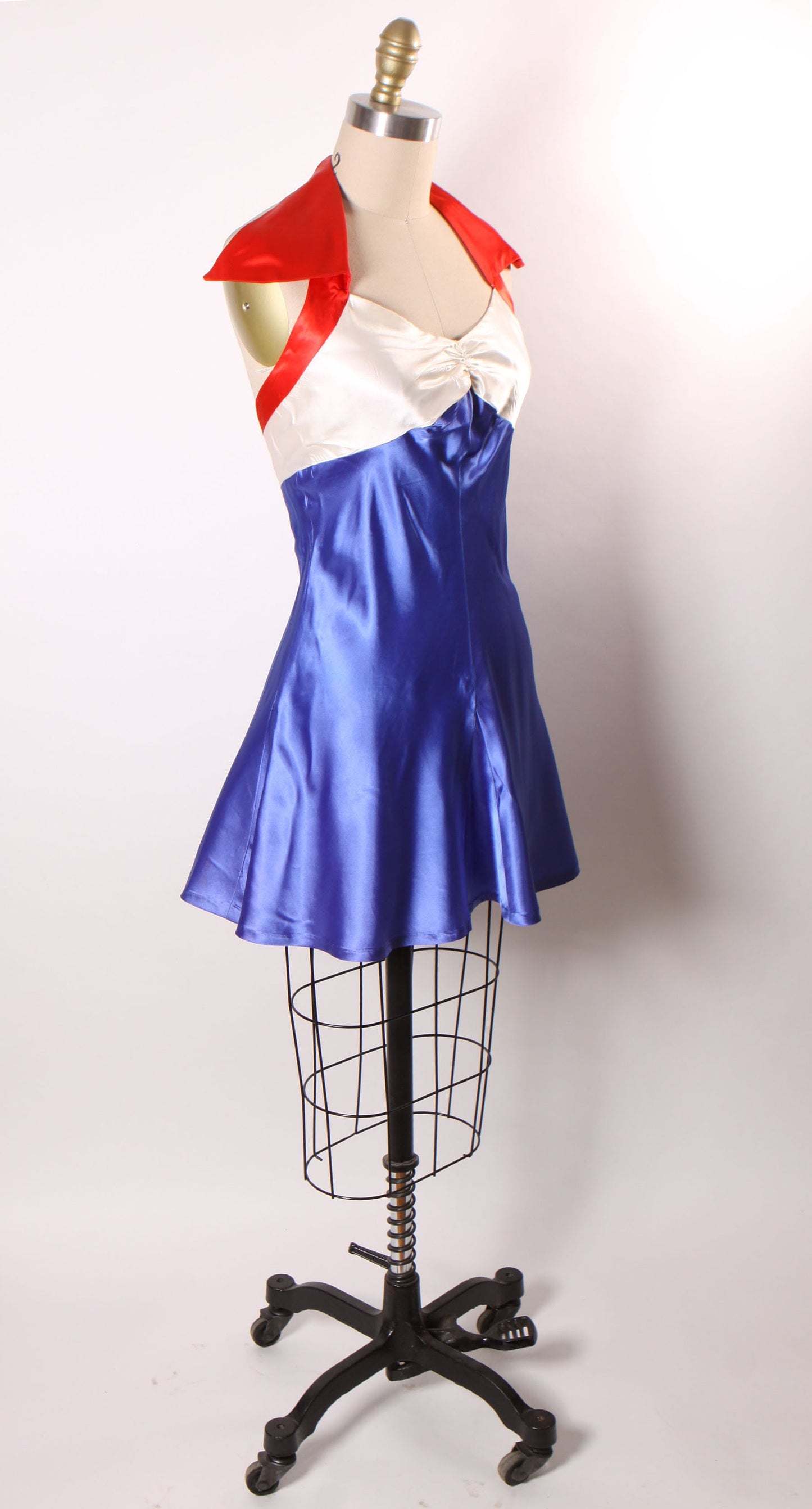 1940s 1950s Red, White and Blue Satin Halter Top 4th of July One Piece Showgirl Burlesque Costume Mini Dress -S