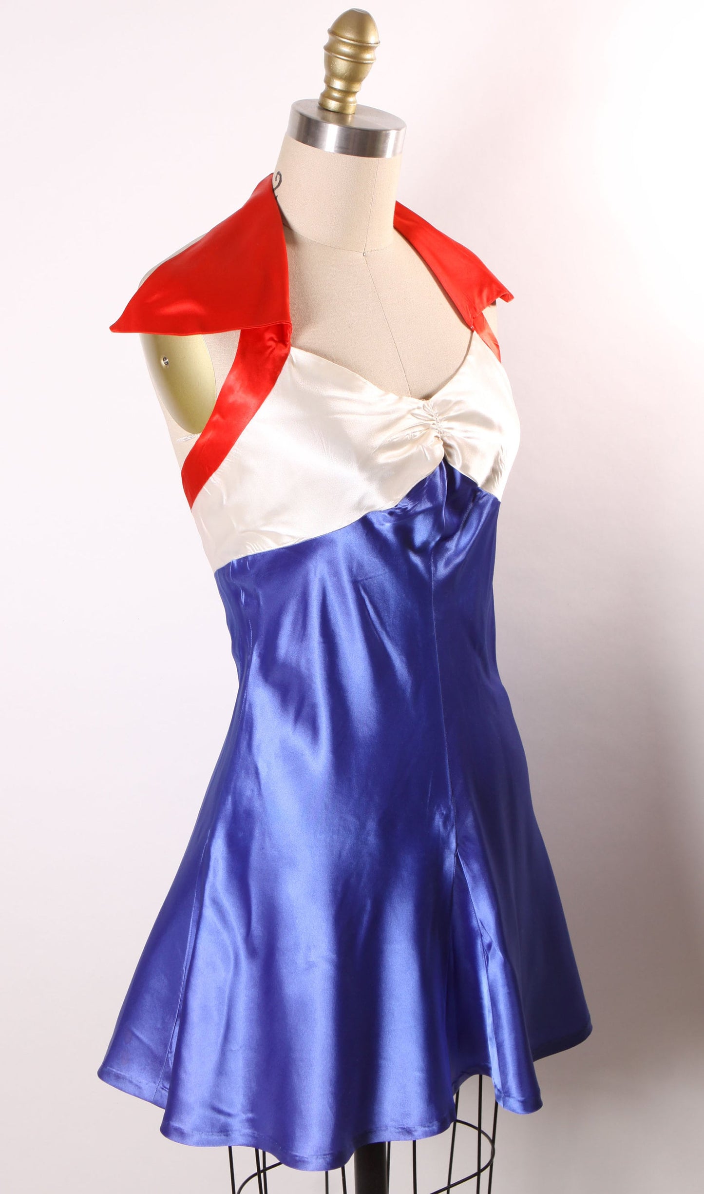 1940s 1950s Red, White and Blue Satin Halter Top 4th of July One Piece Showgirl Burlesque Costume Mini Dress -S