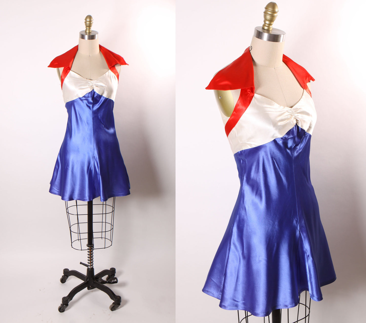 1940s 1950s Red, White and Blue Satin Halter Top 4th of July One Piece Showgirl Burlesque Costume Mini Dress -S