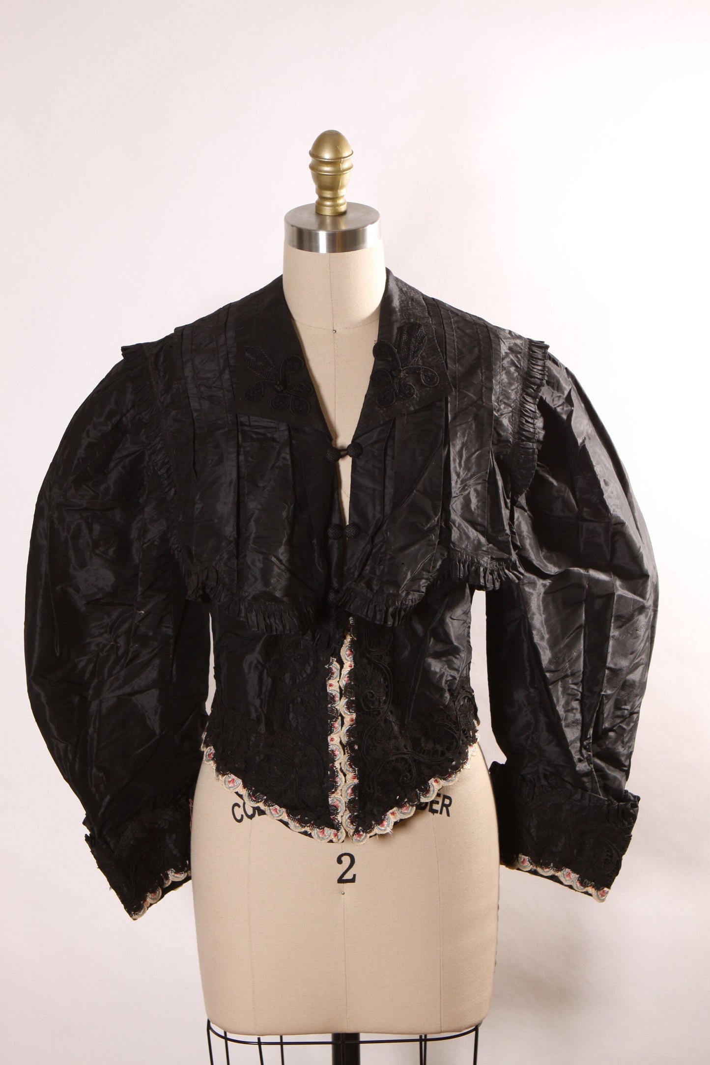 Antique 1800s Black Long Sleeve Lace Trim Mourning Blouse -M