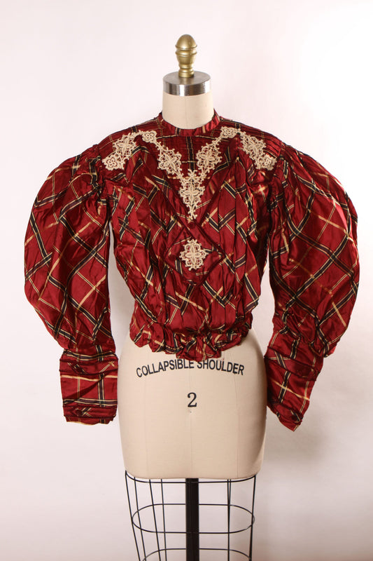 Antique 1800s Red, Black and Tan Black Plaid Tartan Lace Trim Mutton Long Sleeve Blouse -S