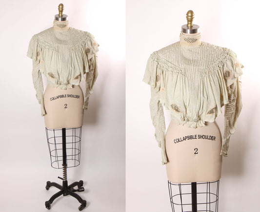 Antique 1800s Victorian Pale Blue, Cream and Black Long Sleeve Ruffle with Removable High Neck Collar Blouse