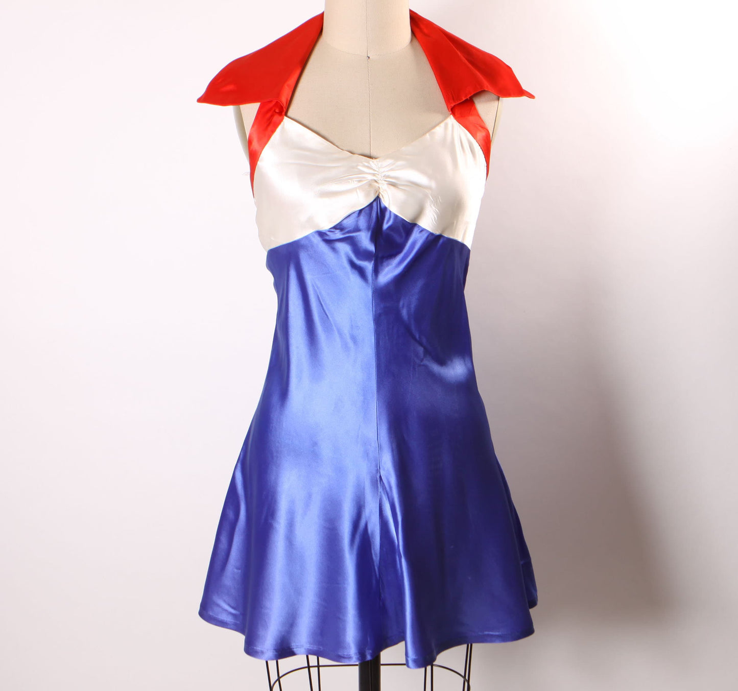 1940s 1950s Red, White and Blue Satin Halter Top 4th of July One Piece Showgirl Burlesque Costume Mini Dress -S