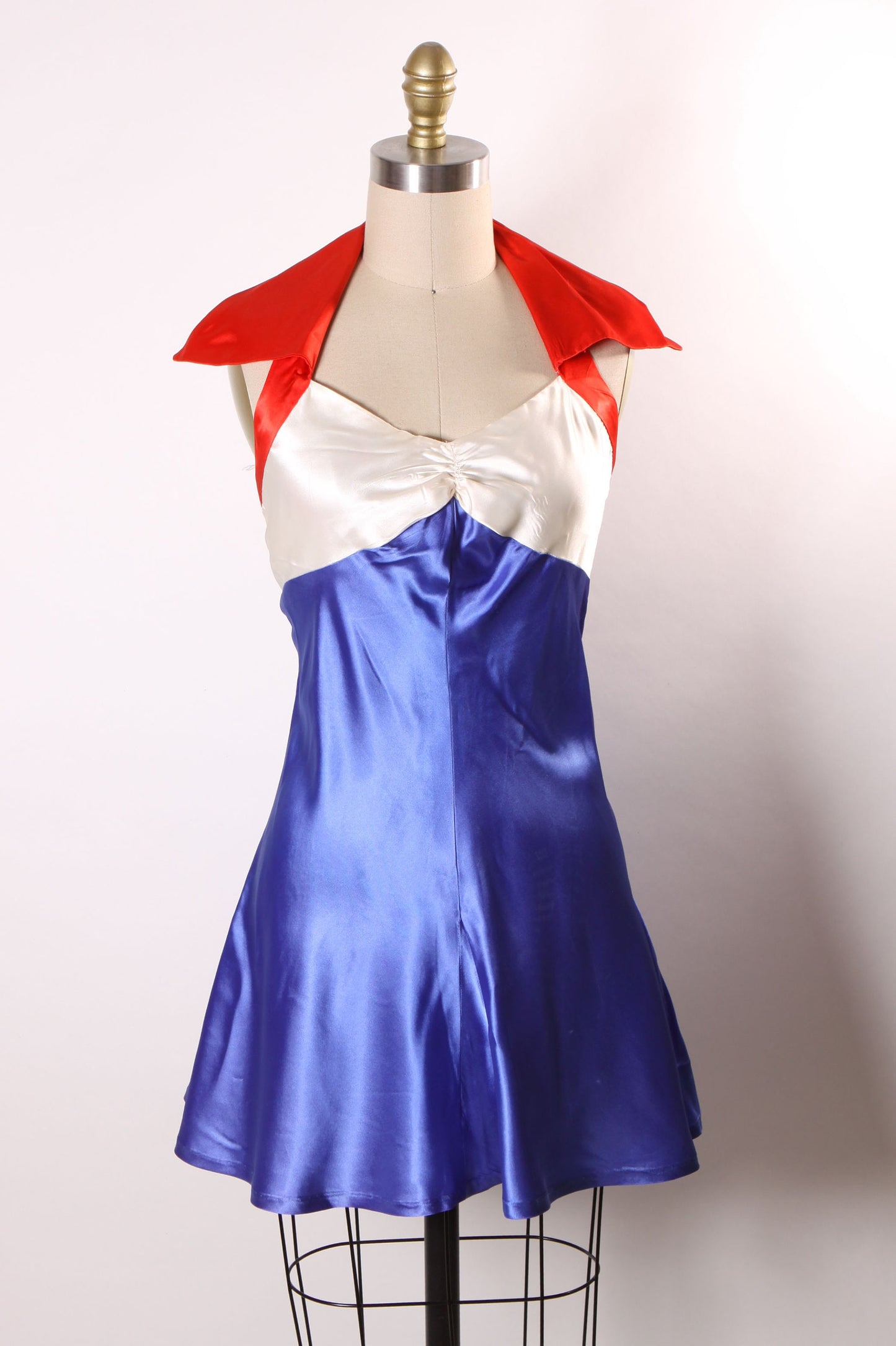 1940s 1950s Red, White and Blue Satin Halter Top 4th of July One Piece Showgirl Burlesque Costume Mini Dress -S