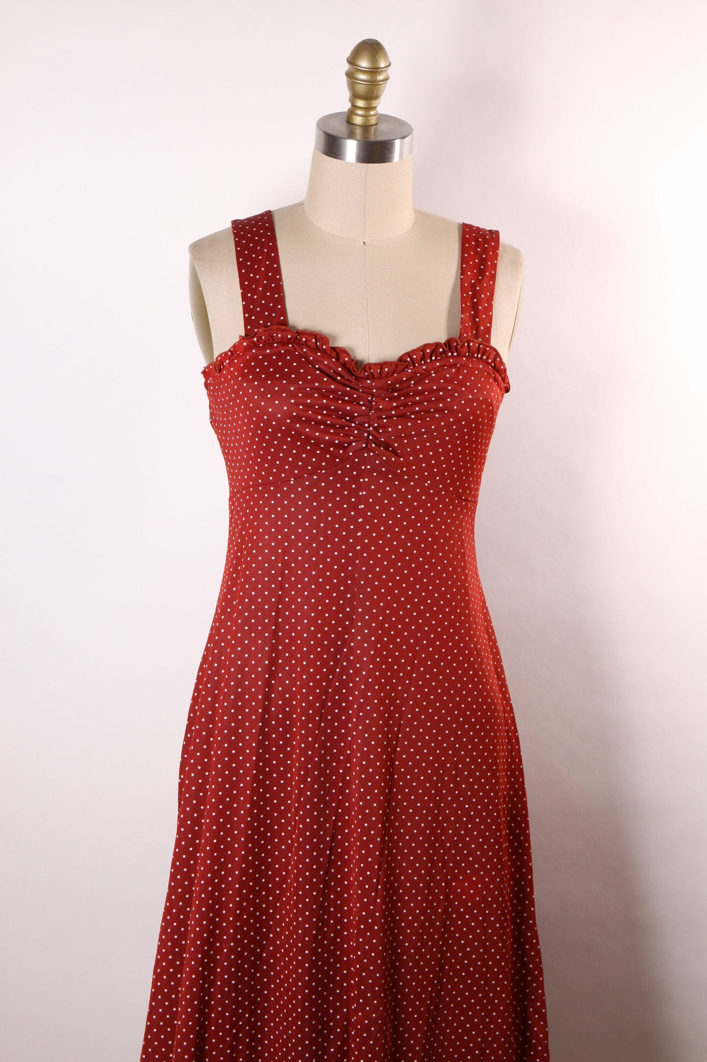 1970s Dark Red Burgundy and White Polka Dot Wide Strap Full Length Ruched Bodice Formal Prom Dress with Short Sleeve Jacket -XS