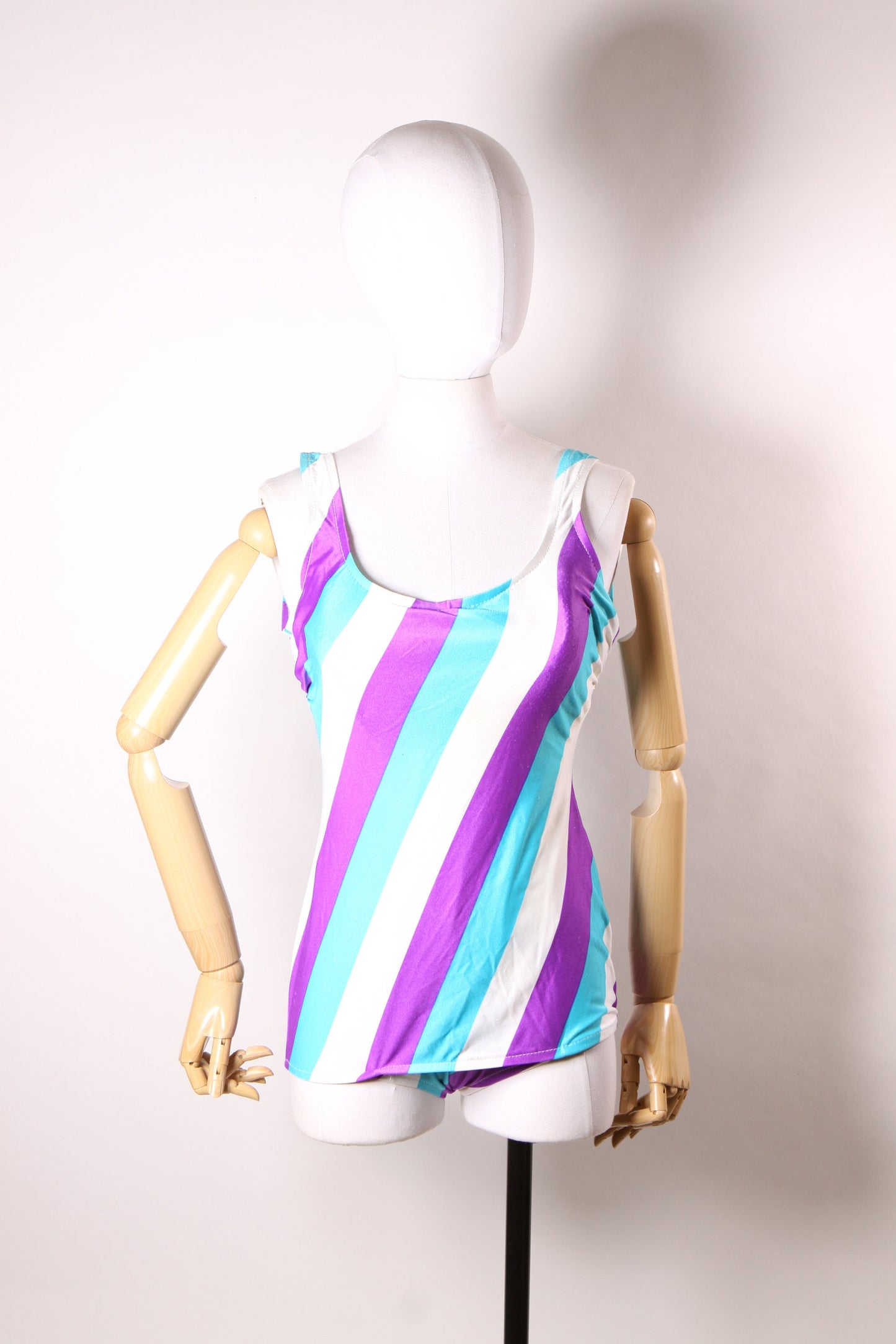 Late 1970s Blue, Purple and White Striped One Piece Swimsuit by Sea Fashions of California -L