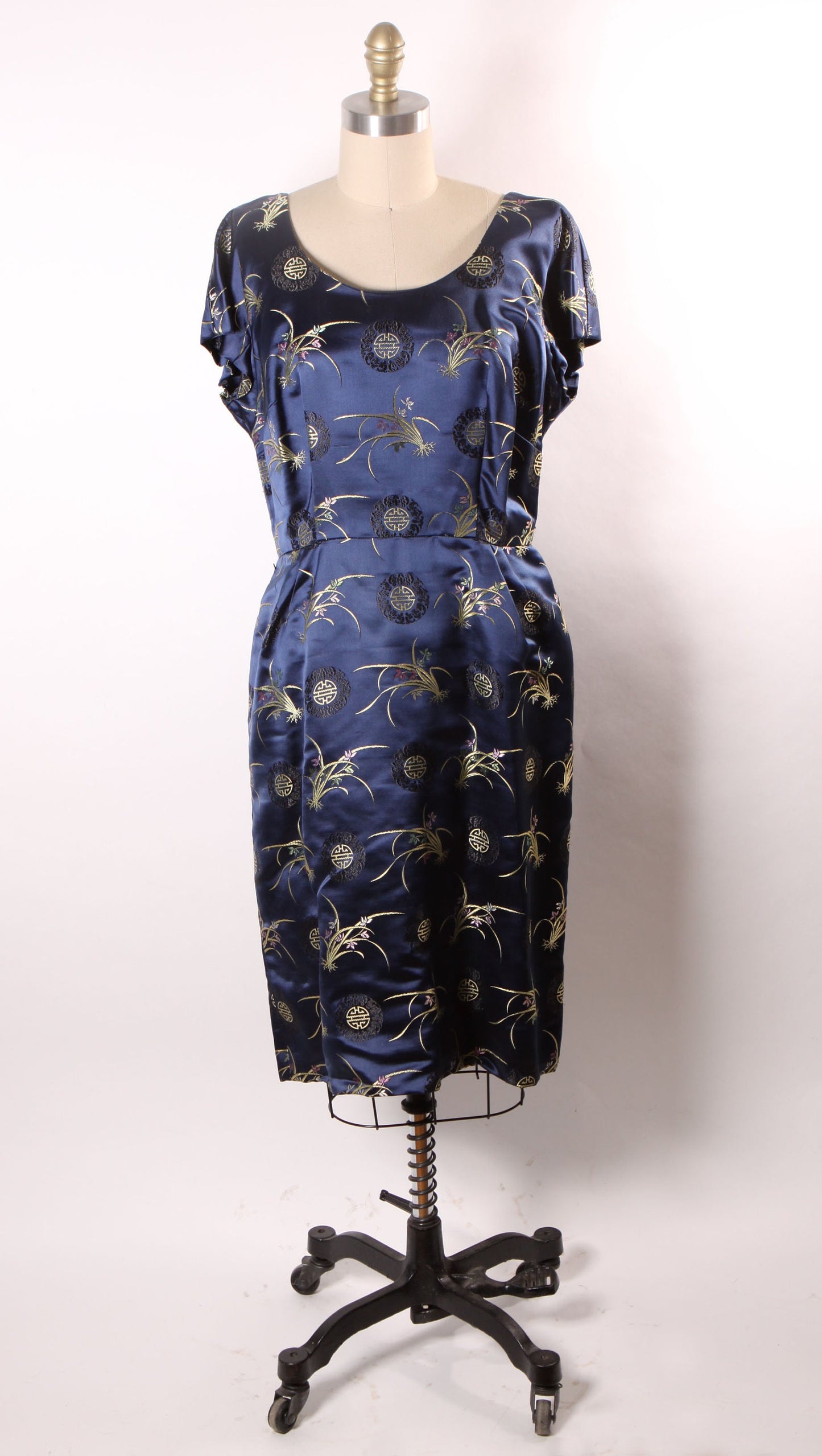 1950s Dark Blue Short Sleeve Belted Chinese Brocade Dress with Matching Jacket -L