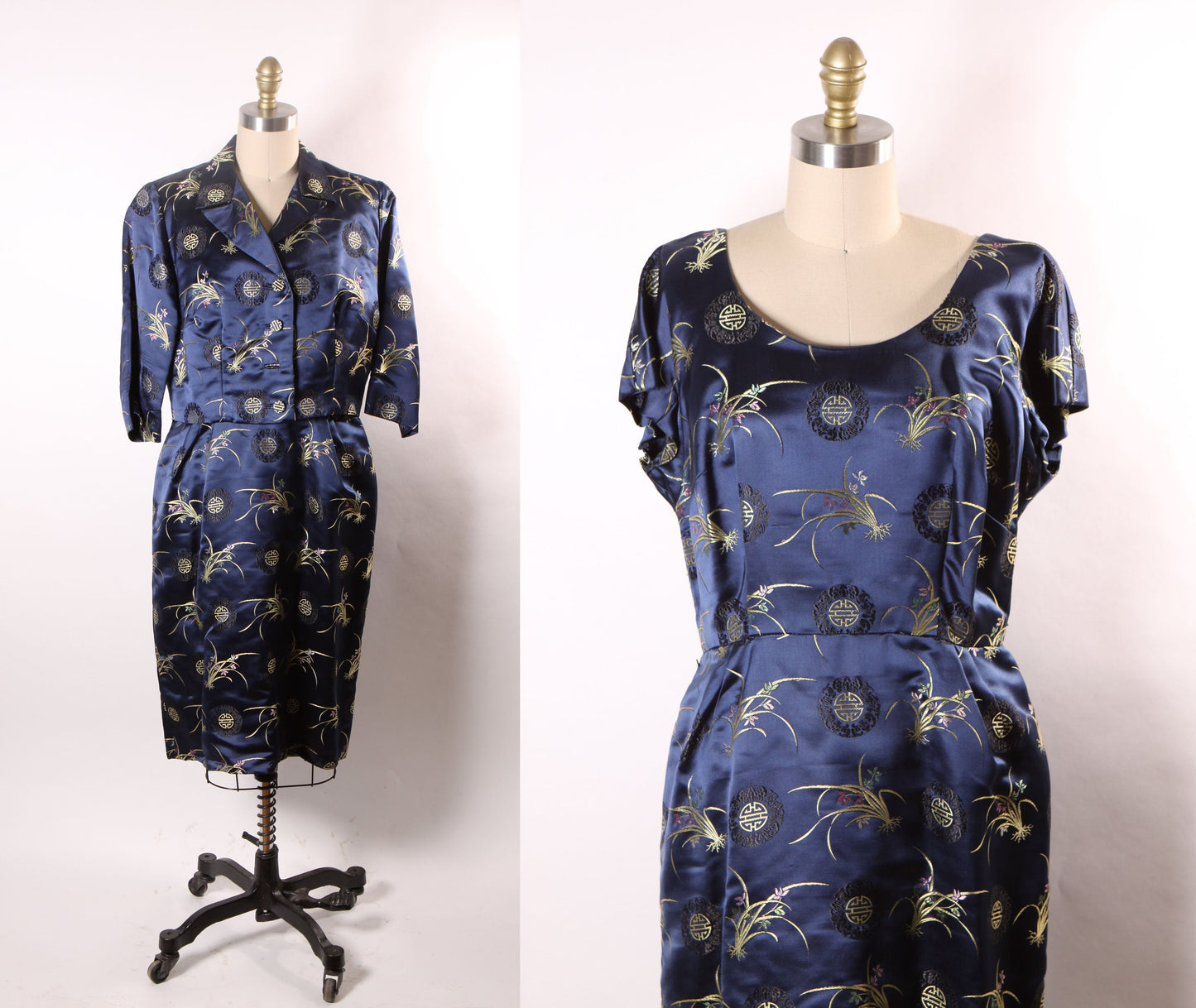 1950s Dark Blue Short Sleeve Belted Chinese Brocade Dress with Matching Jacket -L