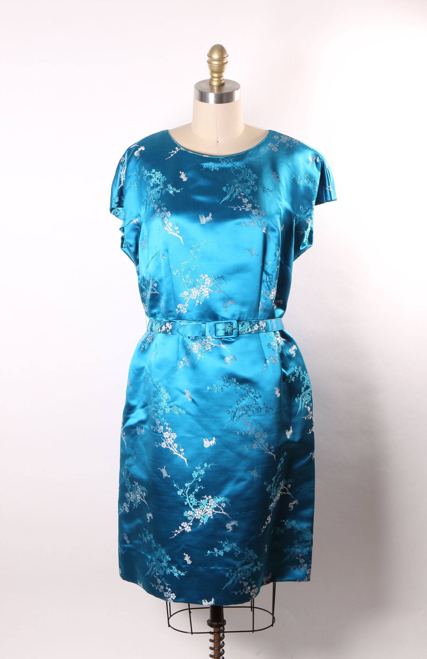 1950s Turquoise Blue Brocade Chinese Short Sleeve Dress with Matching Jacket -XL