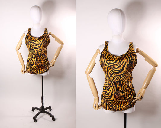 Late 1970s Early 1980s Brown and Black Tiger Stripe One Piece Swimsuit -XL