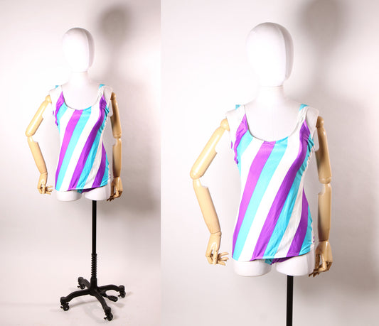 Late 1970s Blue, Purple and White Striped One Piece Swimsuit by Sea Fashions of California -L