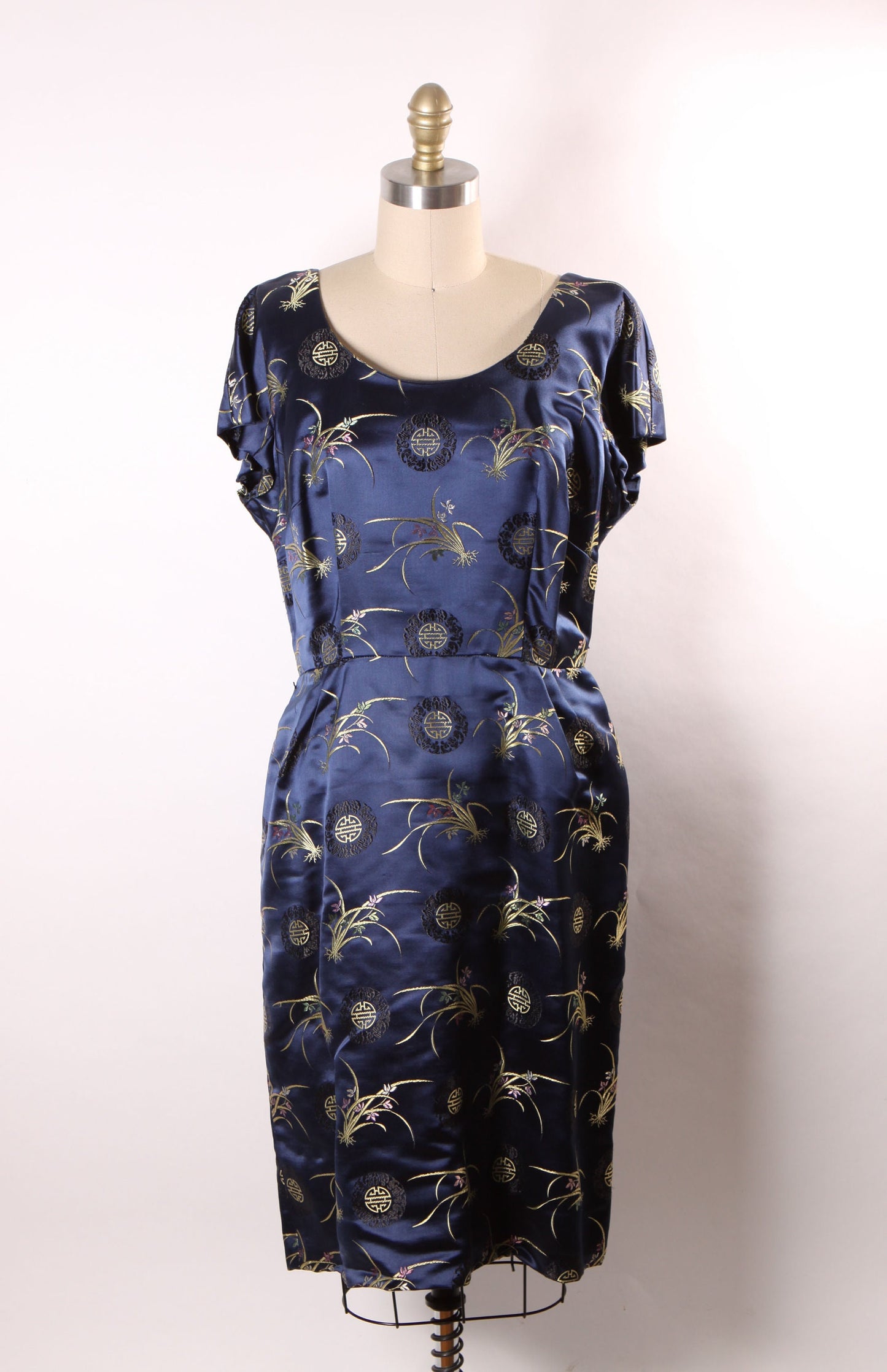 1950s Dark Blue Short Sleeve Belted Chinese Brocade Dress with Matching Jacket -L