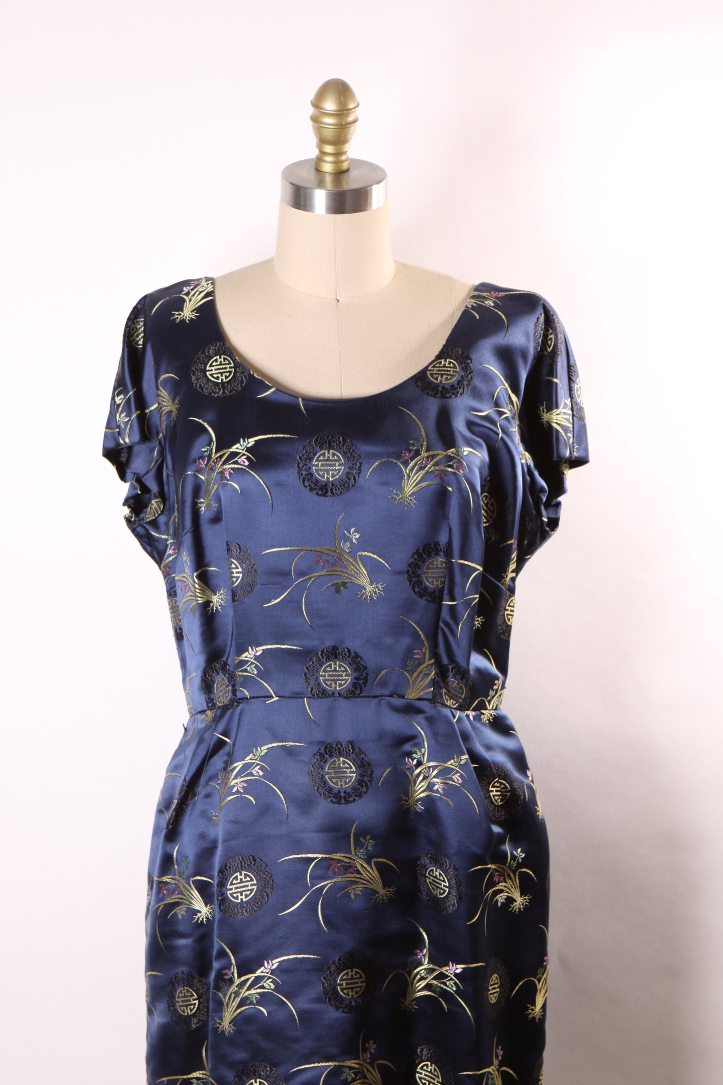 1950s Dark Blue Short Sleeve Belted Chinese Brocade Dress with Matching Jacket -L