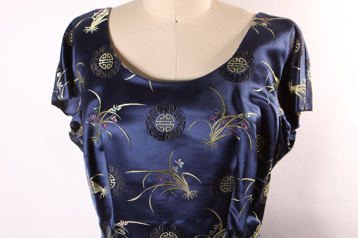 1950s Dark Blue Short Sleeve Belted Chinese Brocade Dress with Matching Jacket -L