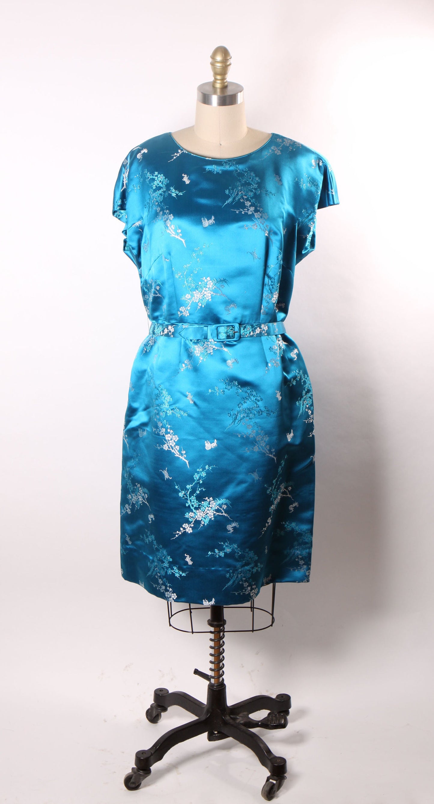 1950s Turquoise Blue Brocade Chinese Short Sleeve Dress with Matching Jacket -XL