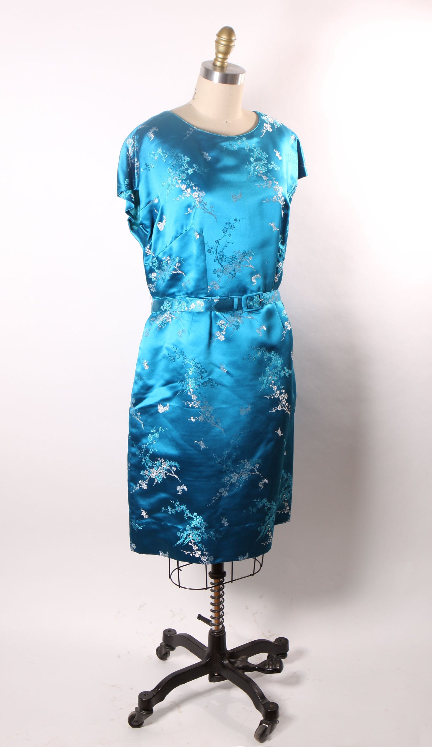 1950s Turquoise Blue Brocade Chinese Short Sleeve Dress with Matching Jacket -XL