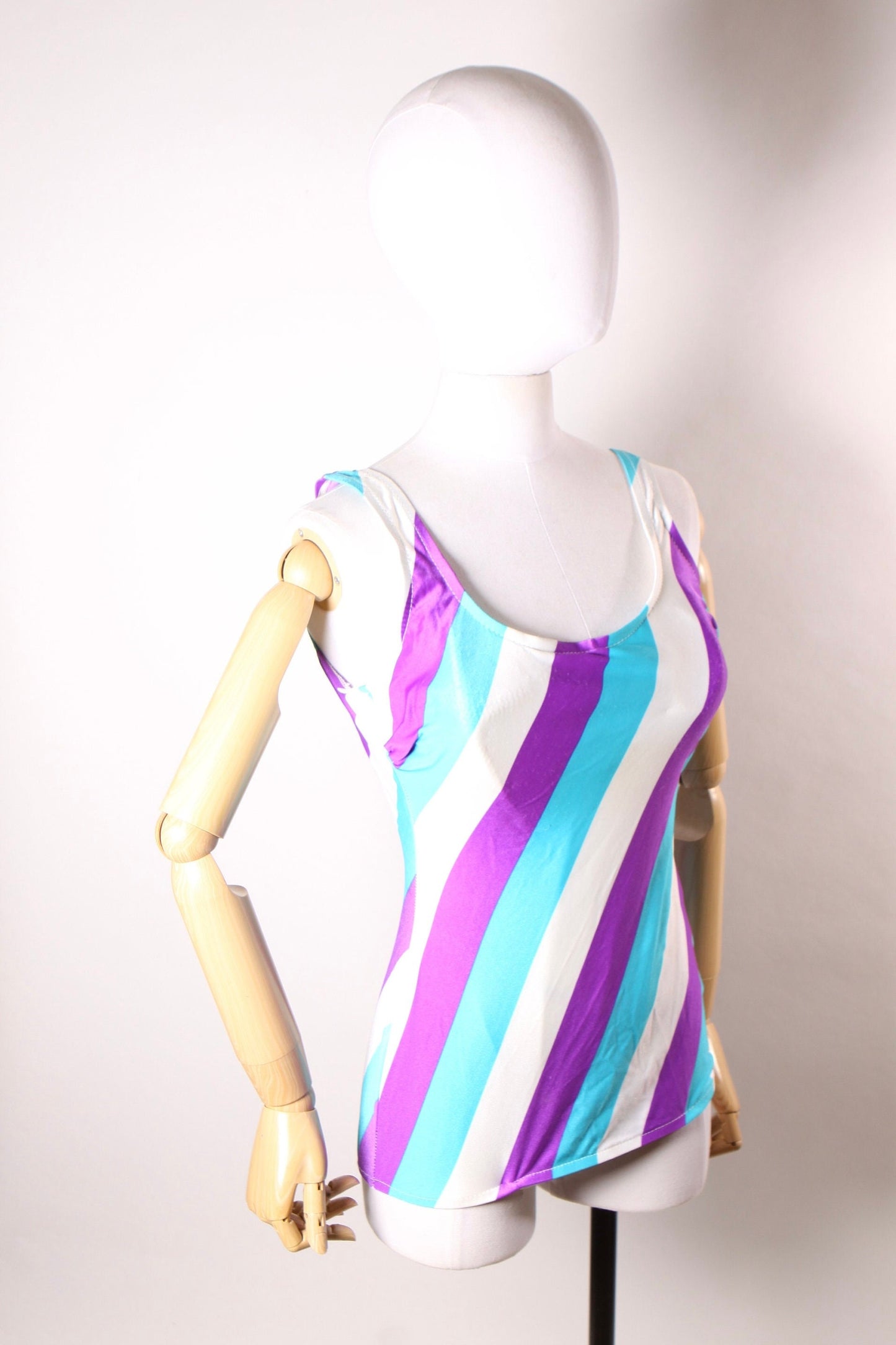 Late 1970s Blue, Purple and White Striped One Piece Swimsuit by Sea Fashions of California -L